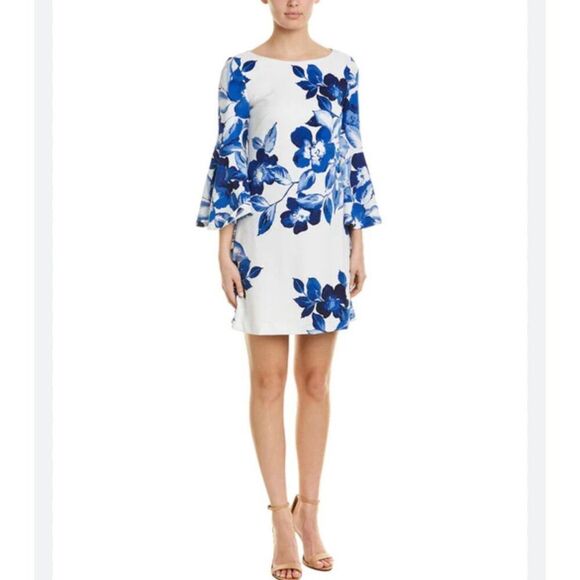 Eliza J Women White & Blue Floral Print Bell Sleeve Sheath Dress Size 20 - Picture 1 of 10